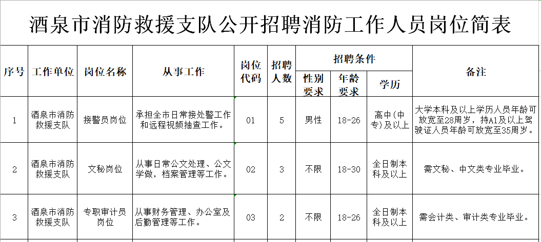 2024甘肃酒泉市消防救援支队招聘工作人员公告（7人）进入阅读模式